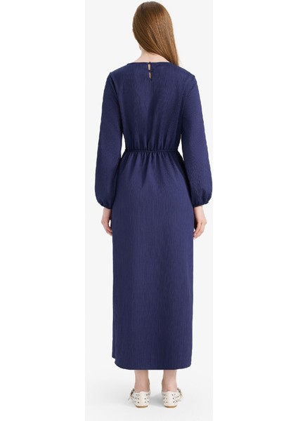 Regular Fit Bisiklet Yaka Uzun Kollu Maxi Elbise F2728AX25SP