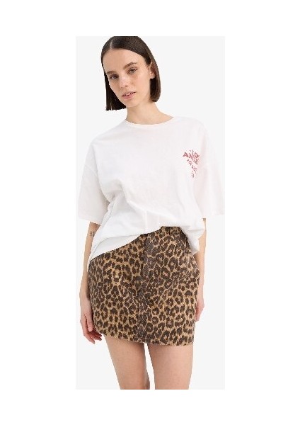 Coool Leopar Desenli Normal Bel Gabardin Mini Etek E4398AX25SP