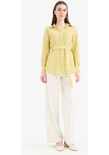 Relax Fit Pötikareli Gofre Dokulu Kuşaklı Uzun Kollu Tesettür Gömlek Tunik E4558AX25SM