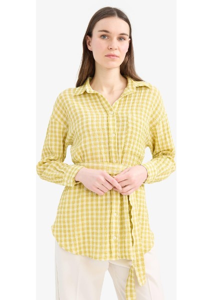 Relax Fit Pötikareli Gofre Dokulu Kuşaklı Uzun Kollu Tesettür Gömlek Tunik E4558AX25SM