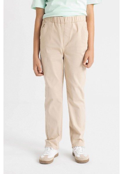Erkek Çocuk Düz Paça Beli Lastikli Cepli Bej Basic Düz Gabardin Okul Pantolonu T8850A624AU