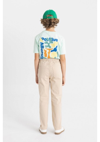 Erkek Çocuk Düz Paça Beli Lastikli Cepli Bej Basic Düz Gabardin Okul Pantolonu T8850A624AU
