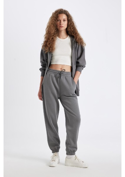 Standart Fit Kalın Jogger Eşofman Altı Bel Paça Lastikli Basic Düz Uzun Boy S7370AZ24WN