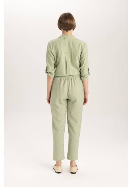 Jogger Cepli Düz Paça Yüksek Bel Keten Görünümlü Pantolon R0433AZ24SM