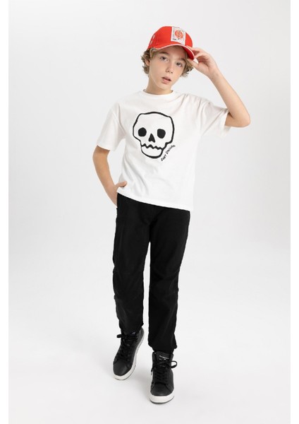 Erkek Çocuk Beli Bağcıklı Lastikli Paça Cepli Siyah Basic Düz Jogger Gabardin Pantolon B5915A824SM