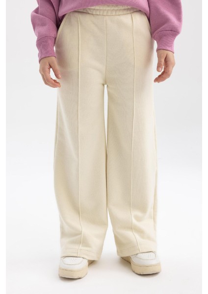 Kız Çocuk Ekru Wide Leg Geniş Paça Basic Düz Pamuklu Pantolon B7784A8NS