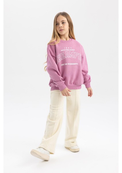 Kız Çocuk Ekru Wide Leg Geniş Paça Basic Düz Pamuklu Pantolon B7784A8NS