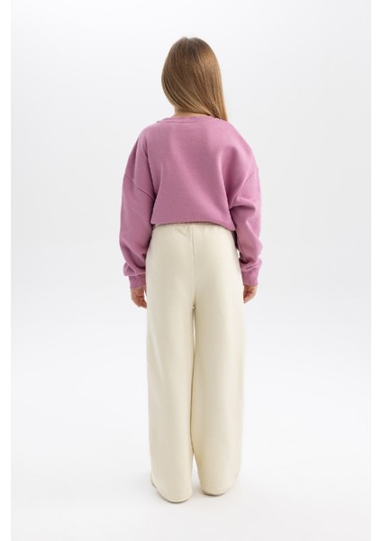 Kız Çocuk Ekru Wide Leg Geniş Paça Basic Düz Pamuklu Pantolon B7784A8NS