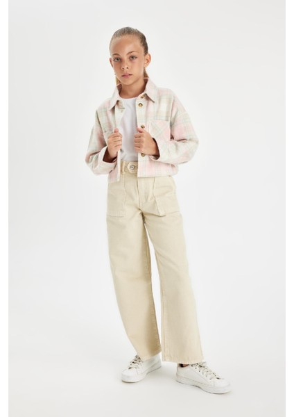 Kız Çocuk Wide Leg Geniş Bol Paça Cepli Pamuklu Bej Pantolon C7473A824AU
