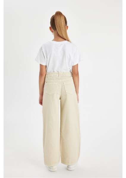 Kız Çocuk Wide Leg Geniş Bol Paça Cepli Pamuklu Bej Pantolon C7473A824AU