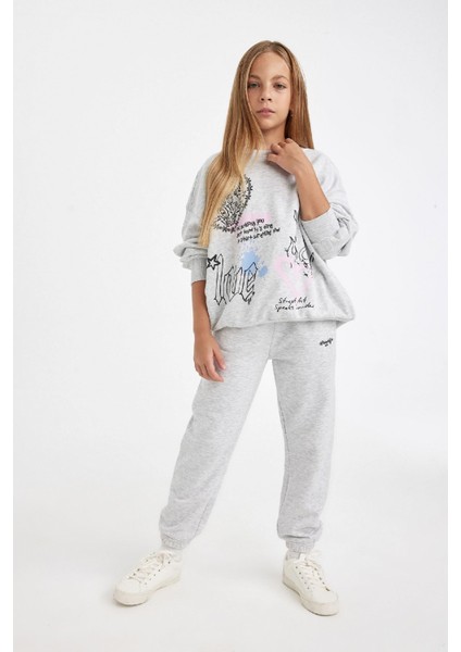 Kız Çocuk Baskılı Beli Paçası Lastikli Gri Jogger Eşofman Altı D0733A824AU