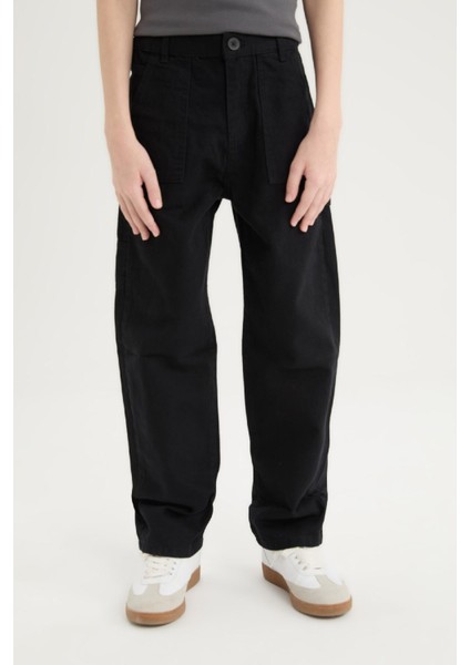 Erkek Çocuk Loose Fit Standart Paça Kargo Cepli Basic Düz Gabardin Siyah Pantolon C7580A824WN