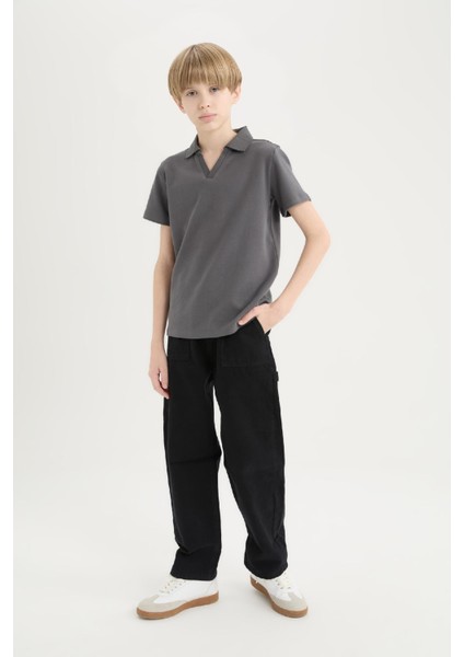 Erkek Çocuk Loose Fit Standart Paça Kargo Cepli Basic Düz Gabardin Siyah Pantolon C7580A824WN