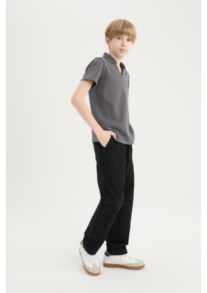 Erkek Çocuk Loose Fit Standart Paça Kargo Cepli Basic Düz Gabardin Siyah Pantolon C7580A824WN