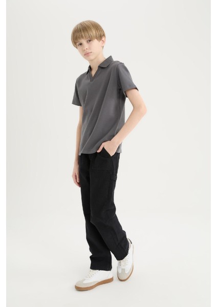 Erkek Çocuk Loose Fit Standart Paça Kargo Cepli Basic Düz Gabardin Siyah Pantolon C7580A824WN