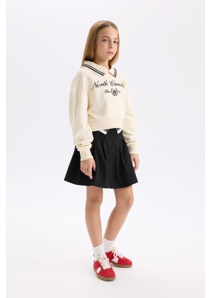 Kız Çocuk Siyah Basic Düz Düğmeli Pileli Twill Okul Eteği D1291A824AU