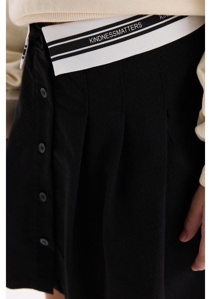 Kız Çocuk Siyah Basic Düz Düğmeli Pileli Twill Okul Eteği D1291A824AU
