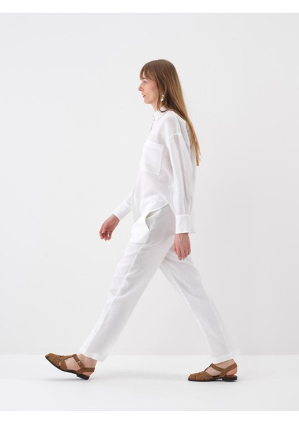 Beyaz Oversize Keten Pantolon