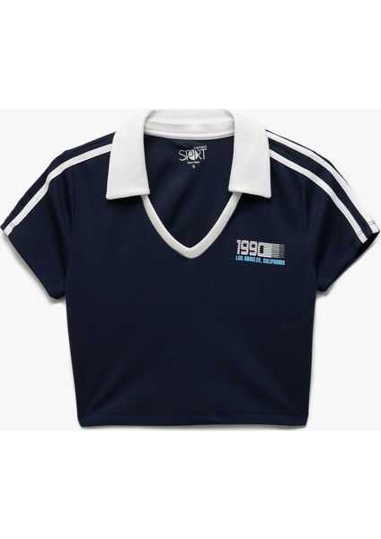 Polo Yaka Kısa Kollu Dar Kesim Çizgili Baskılı Crop Spor Tişört