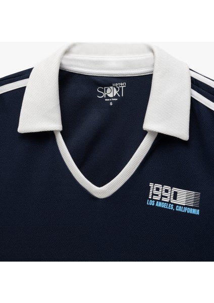 Polo Yaka Kısa Kollu Dar Kesim Çizgili Baskılı Crop Spor Tişört modelleri