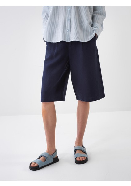 Lacivert Oversize Keten Şort