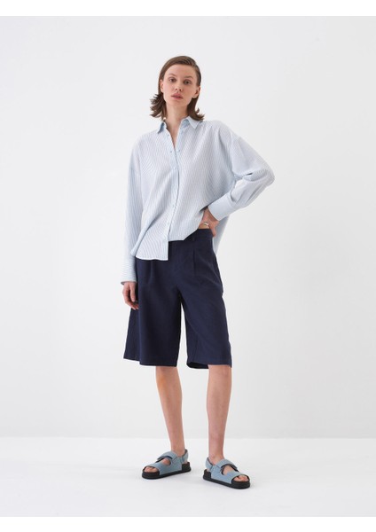 Lacivert Oversize Keten Şort