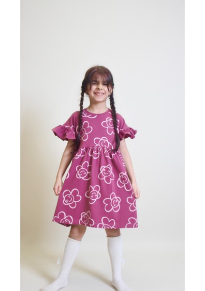 Kız Çocuk Kolları Fırfır Detaylı Rahat Kesim Elbise