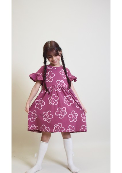 Kız Çocuk Kolları Fırfır Detaylı Rahat Kesim Elbise fiyatları