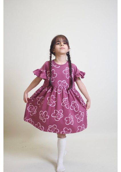 Kız Çocuk Kolları Fırfır Detaylı Rahat Kesim Elbise modelleri