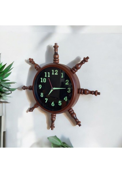 Fosforlu Metal Ahşap Eskitme Gemici Denizci Dümen Duvar Saati 35 cm modelleri