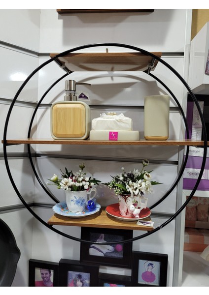 Ahşap Metal Yuvarlak Üç Bölümlü Duvar Raf Kahve 45 x 45 x 13 cm