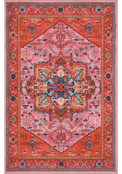 Beylerbeyi By 831 Kırmızı Pembe Etnik Desenli Otantik Salon Halısı Yıkanabilir Dokuma Şönil Halı