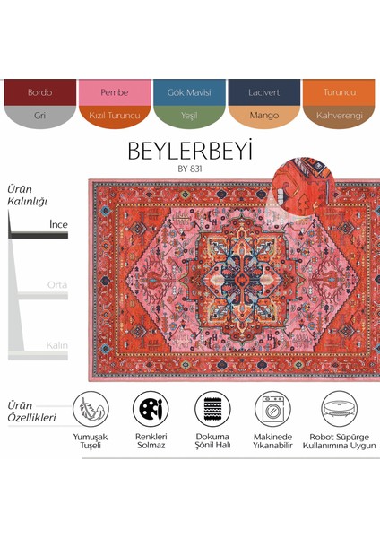 Beylerbeyi By 831 Kırmızı Pembe Etnik Desenli Otantik Salon Halısı Yıkanabilir Dokuma Şönil Halı
