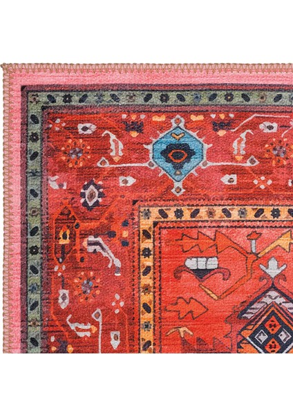 Beylerbeyi By 831 Kırmızı Pembe Etnik Desenli Otantik Salon Halısı Yıkanabilir Dokuma Şönil Halı