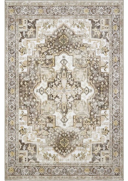 Beylerbeyi By 803 Krem Etnik Vintage Halı Oda Salon Halısı Yıkanabilir Eskitme Dokuma Şönil Halı