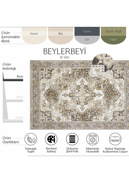 Beylerbeyi By 803 Krem Etnik Vintage Halı Oda Salon Halısı Yıkanabilir Eskitme Dokuma Şönil Halı fiyatları