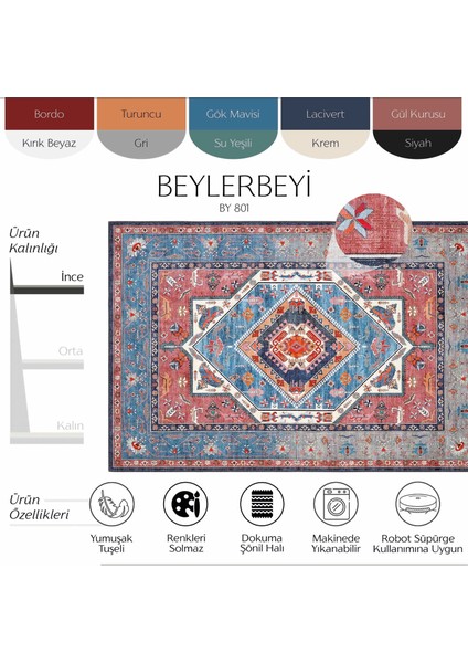 Beylerbeyi By 801 Mavi Renkli Oturma Odası Salon Halısı Makinede Yıkanabilir Dokuma Şönil Halı