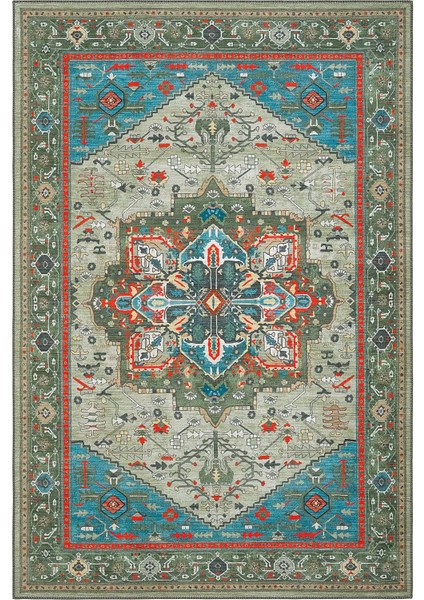 Beylerbeyi By 832 Yeşil Halı Etnik Desenli Otantik Ev Salon Halısı Yıkanabilir Dokuma Şönil Halı