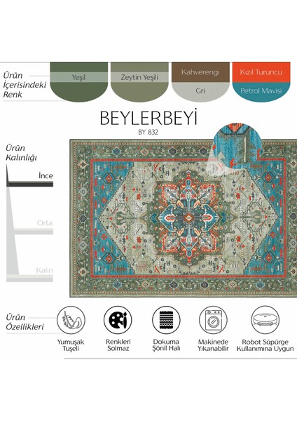 Beylerbeyi By 832 Yeşil Halı Etnik Desenli Otantik Ev Salon Halısı Yıkanabilir Dokuma Şönil Halı fiyatları