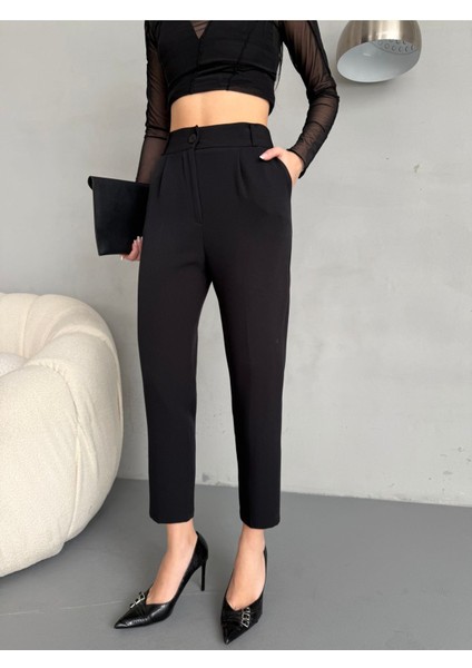Kadın Yüksek Bel Lastikli Havuç Kesim Pensli Kumaş Pantolon fiyatları
