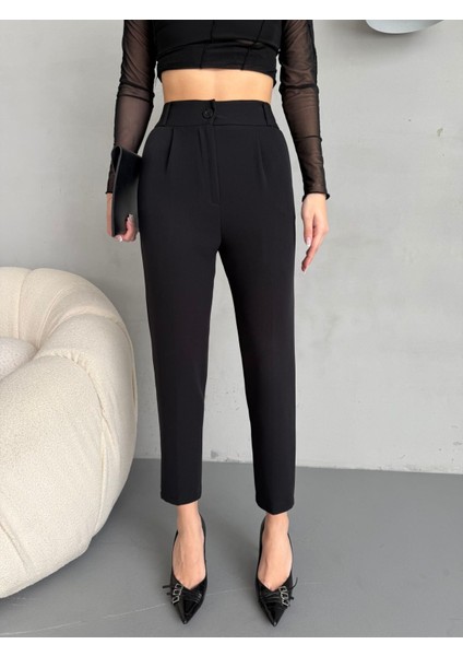 Kadın Yüksek Bel Lastikli Havuç Kesim Pensli Kumaş Pantolon modelleri