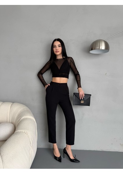 Kadın Yüksek Bel Lastikli Havuç Kesim Pensli Kumaş Pantolon indirimleri