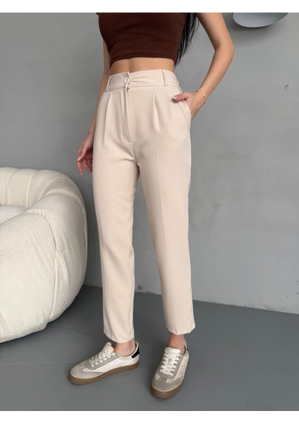 Kadın Yüksek Bel Lastikli Havuç Kesim Pensli Kumaş Pantolon fiyatları