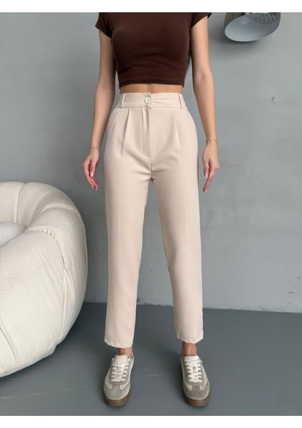 Kadın Yüksek Bel Lastikli Havuç Kesim Pensli Kumaş Pantolon modelleri