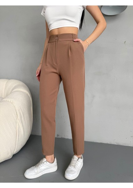 Kadın Yüksek Bel Lastikli Havuç Kesim Pensli Kumaş Pantolon fiyatları