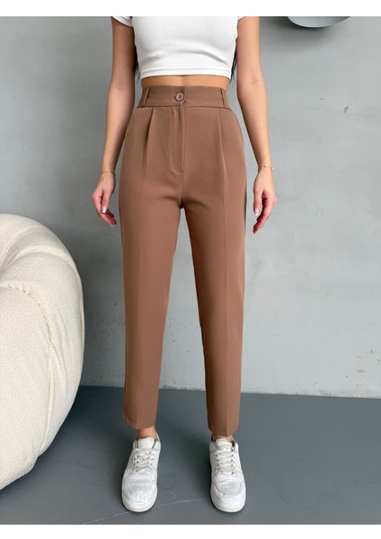 Kadın Yüksek Bel Lastikli Havuç Kesim Pensli Kumaş Pantolon modelleri
