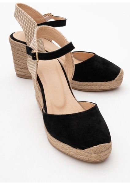 Sinta Siyah Süet Deri Kadın Dolgu Topuk Sandalet