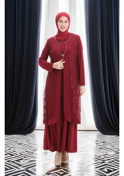 Büyük Beden Dantel Yelek Elbise Ikili Takım 4123-03 Bordo