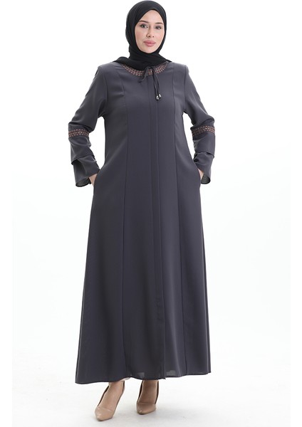 Büyük Beden Gizli Fermuarlı Nakışlı Ferace 6193-03 Antrasit fiyatları