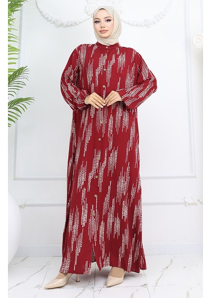 Viskon Kumaş Boydan Düğmeli Elbise 0049-01 Bordo